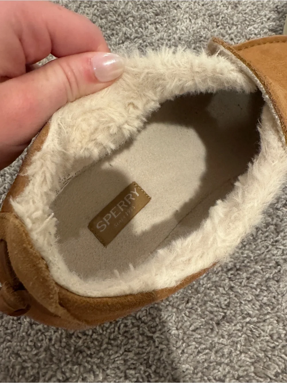 Sperry Men's Suede Slip-On Loafers in Chestnut Brown with Shearling Lining